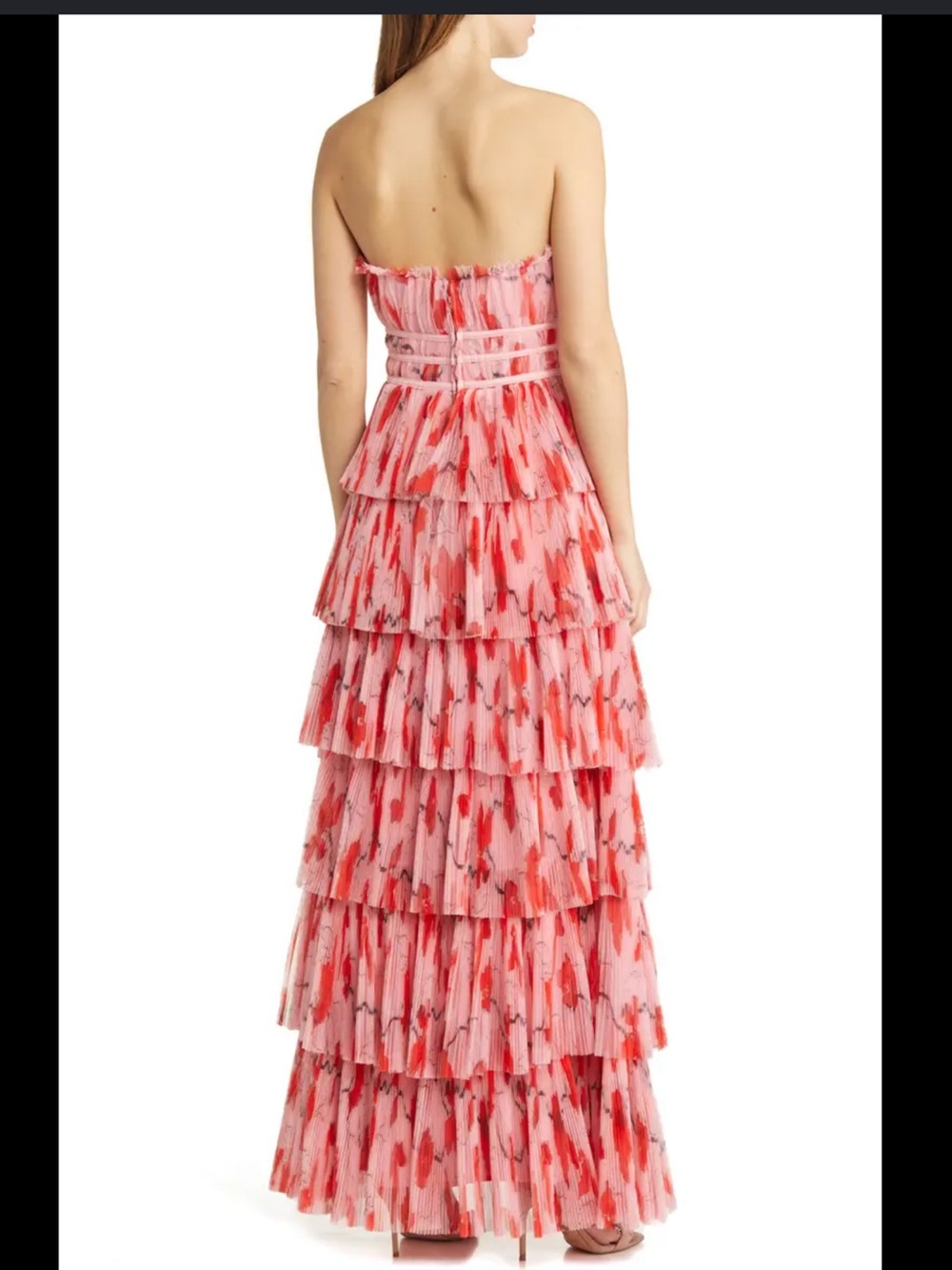 Hutch Monaco Strapless Pink Tiered Ruffle Maxi Dress with Waist Detailing - Picture 2 of 3